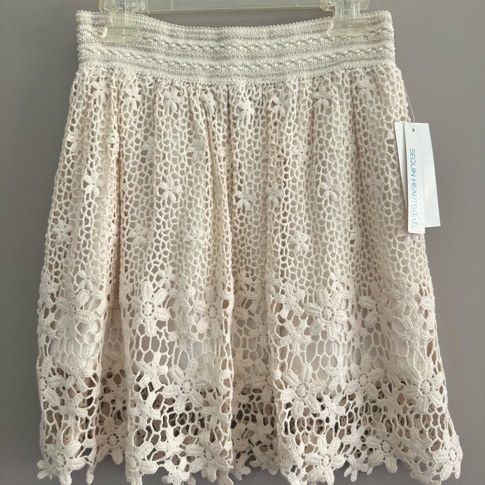 Sequin Hearts Cream Crochet Mini Skirt